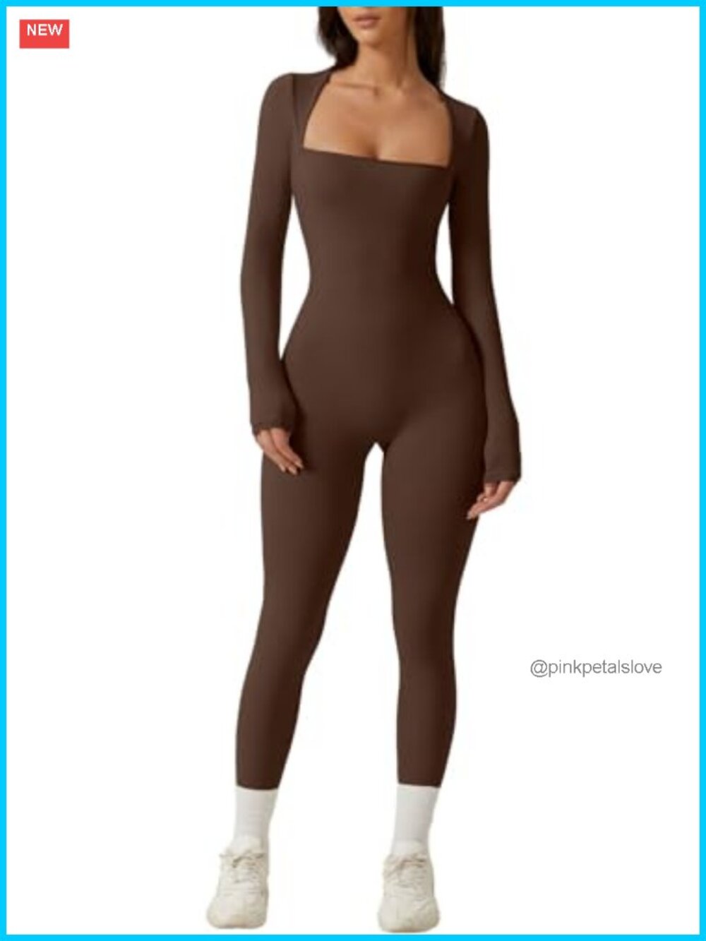 Square Neck Long Sleeve Bodycon Jumpsuit Stretch Full Length Leggings